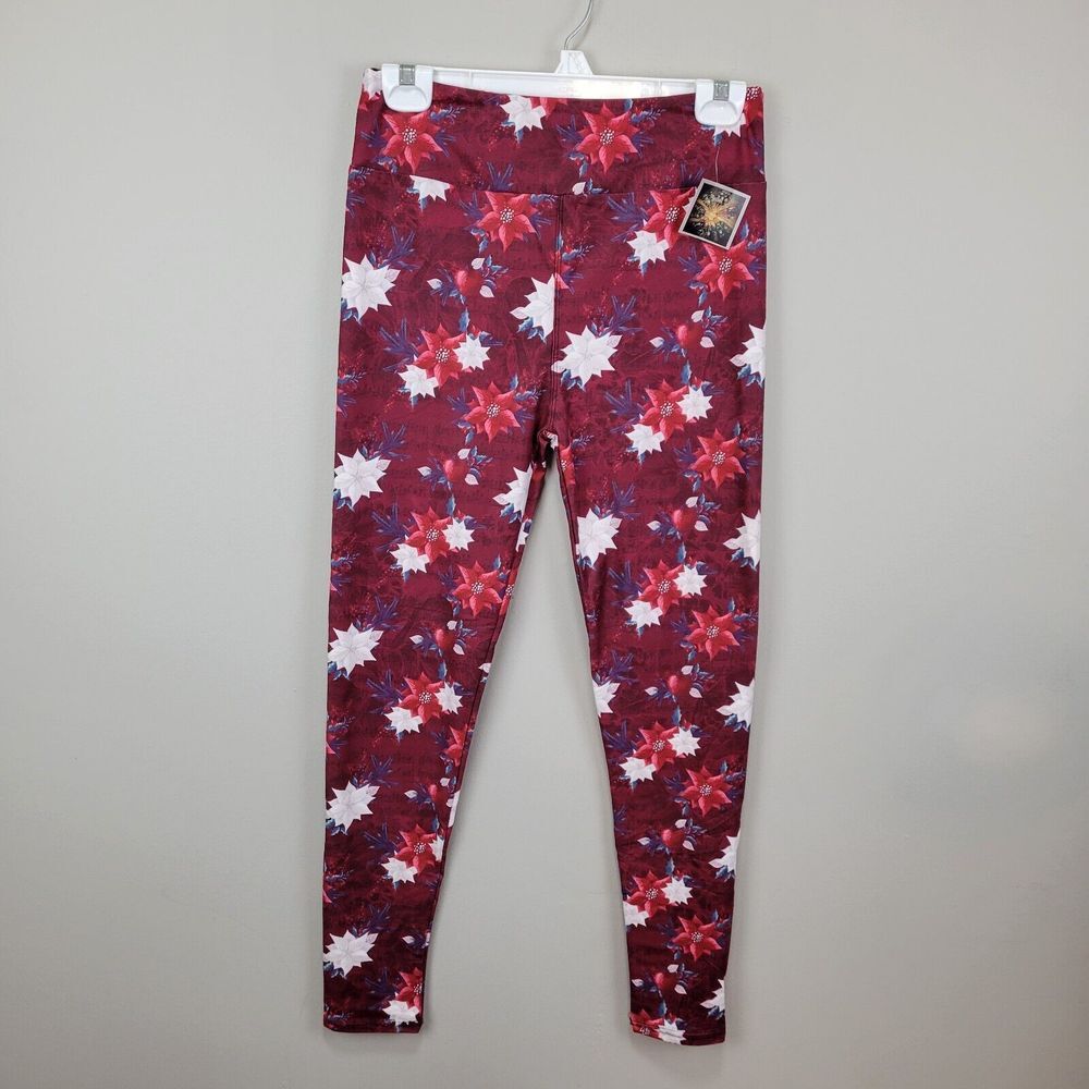Mad Hatter Dezign Burgundy Poinsettia Polyester Spandex Ankle Leggings One Size